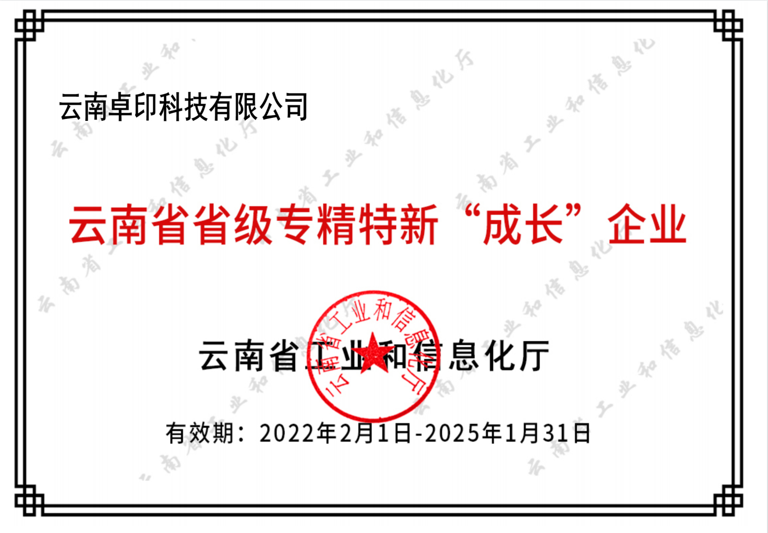 云南省专精特新“成长”企业证书